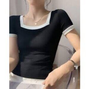 Express Y2K Black White Square Neck Ribbed Knit Cropped Top Body Contour Women L